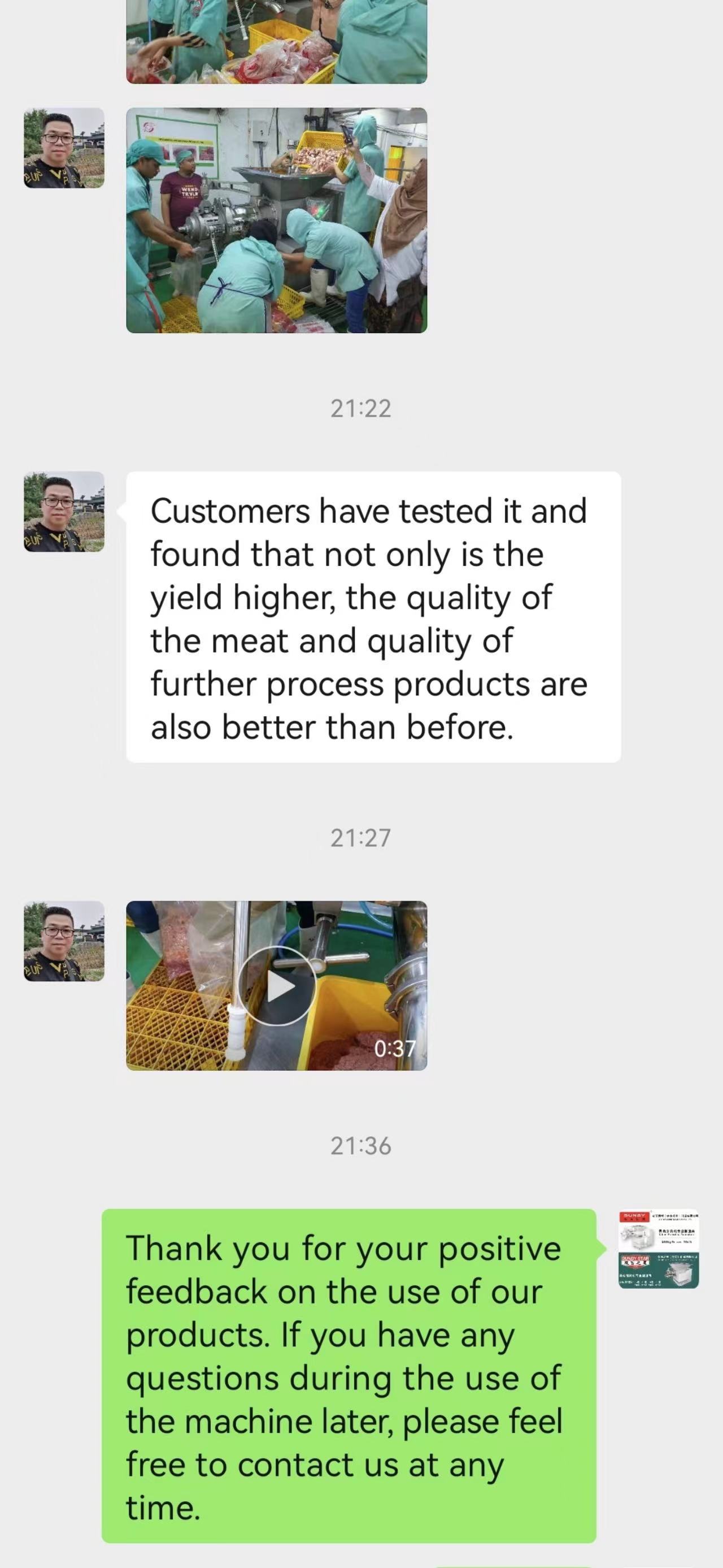feedback do cliente sobre máquina de processamento de carne